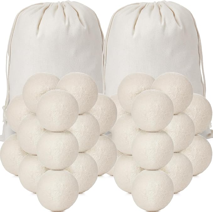 Roowest 60 Pcs Wool Dryer Balls Set Reusable Laundry Wool Balls with Muslin Bags Fabric Softener Anti Wrinkle Anti Static Saving Energy and Time