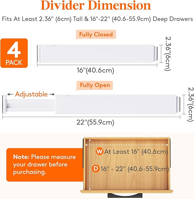Lifewit 4 Pack Kitchen Drawer Dividers 2.36" High, 16"-22" Adjustable Drawer Organizer for Utensils/Clothes/Makeup, Plastic Expandable Separators in Dresser/Bedroom/Bathroom/Office Storage