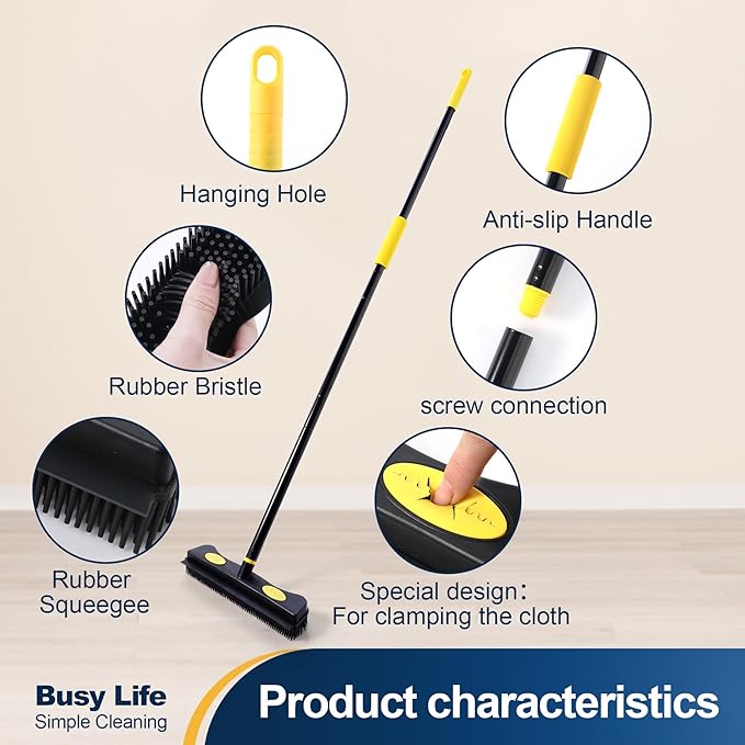 Yocada Pet Hair Removal Rubber Broom 2 in 1 Floor Brush with Squeegee Carpet Rake 57.5" Long Handle Fur Broom for Carpet Hardwood Floor Tile