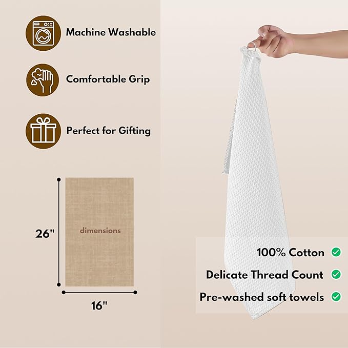 Native Fab Cotton Kitchen Towel with Hanging Loop 16x26 inches, 4-Pack, Waffle Weave Kitchen Towels for Cleaning Drying, Washcloths Soft & Absorbent Cloth Rags, Bar Towel, Dish Cloth, White