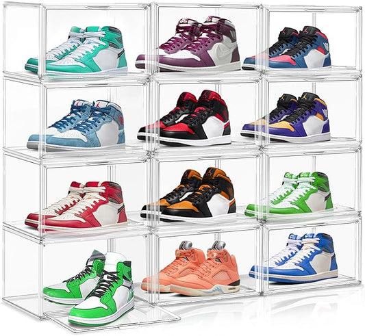 10 Pack Shoe Box Organizer Clear Plastic Stackable Shoe Boxes with Magnetic Lid Acrylic Display Case Shoe Containers for Entryway,Sneaker Storage Fit up to US Size 12