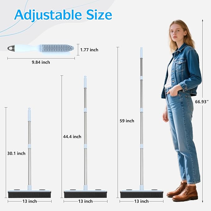 Rubber Broom Carpet Rake for Pet Hair Removal, Fur Remover Broom with 59" Adjustable Handle, Portable Detailing Lint Remover Brush, Soft Push Broom with Squeegee for Carpet, Hardwood Floor, Tile