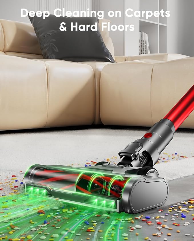 Cordless Vacuum Cleaner, 600W/50KPA, Max 70 Mins Runtime, Self-Standing Vacuum Cleaners for Home, Anti-Tangle Stick Vacuum, Smart Display Vacuum Cordless with 1.8L Cup for Pet Hair/Carpet (Red)