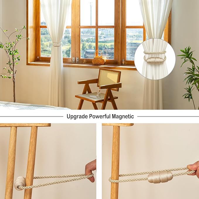 Magnetic Curtain Tiebacks Rope Curtain Tie Backs for Curtains 4 Pack Curtain Holders for Drapes Decorative Window Curtain Holdbacks, Beige