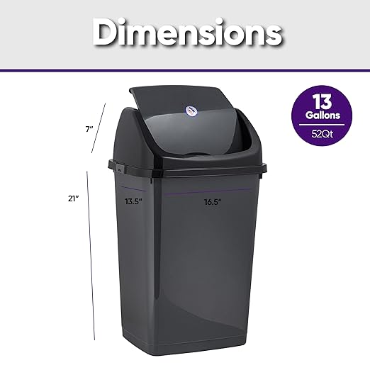 Superio 13 Gallon Plastic Swing Lid Trash Can, Grey/Black 2 Pack, Ideal for Home, Office, Garage, Patio, and Outdoor Use