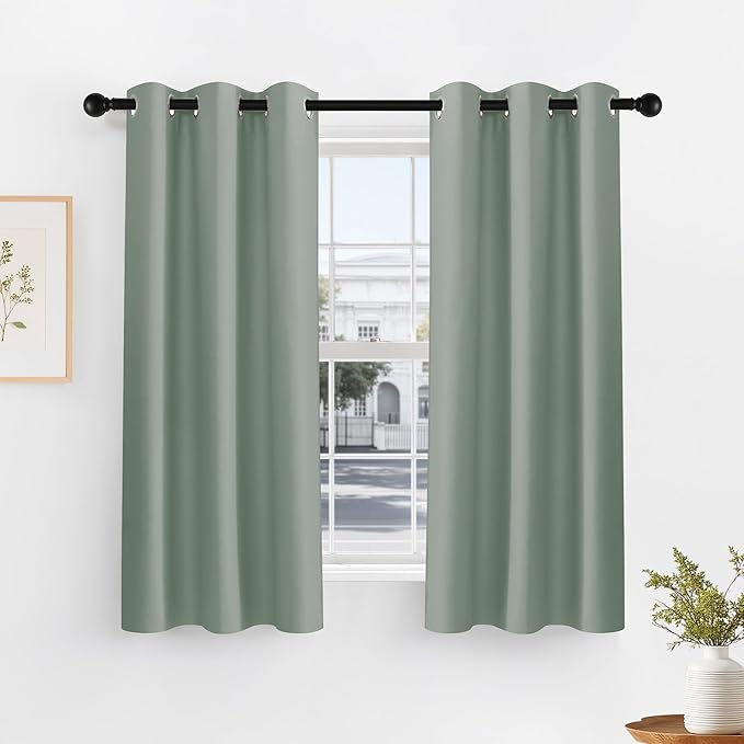 PONY DANCE Sage Green Kitchen Curtains 45 inch Length, Thermal Insulated Tailored Curtains Privacy Drapes for Nursery/Baby Room, Black, 42 x 45 inch, Set of 2