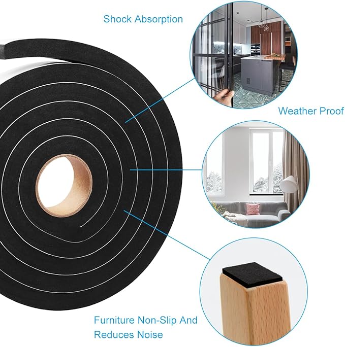 Seal Foam Tape, 2 Rolls 1/2 Inch W x 1/2 Inch T Weather Stripping for Door and Window,High Density Single Sided Closed Cell Door Insulation Weather Strip, 2 Rolls Total 13FT Black