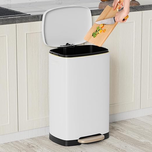 13 Gallon Trash Can with Lid, 50L Fingerprint Proof Stainless Steel Kitchen Trash Can with Removable Inner Bucket and Lid Soft Close, Pedal Rubbish Bin for Home Office, White