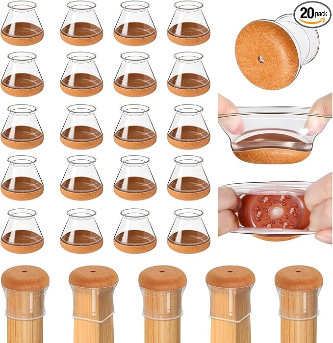20 Pcs Chair Leg Floor Protectors for Hardwood Floors, Clear Rubber Furniture Sliders with Felt, Silicone Furniture Leg Caps Covers, Fit Round Diameter (0.6" to 0.8")