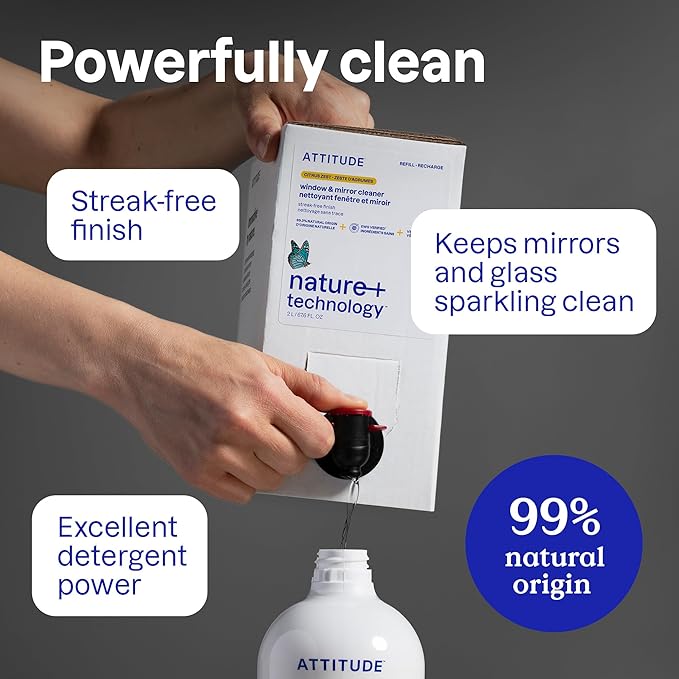 ATTITUDE Window & Mirror Cleaner, EWG Verified, Plant- & Mineral-Based, Vegan & Streak-Free Glass Spray, Citrus Zest Scent, 27.1 Fl Oz