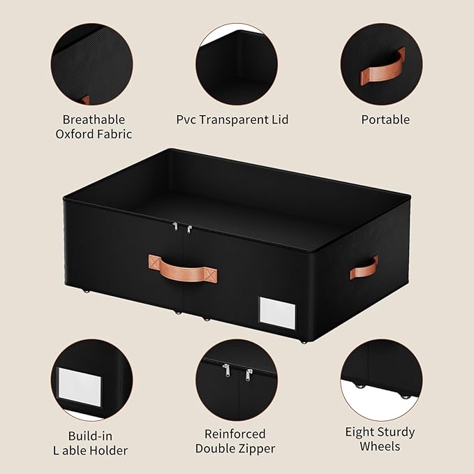 Underbed Storage With Wheels,Large Capacity 10 inches Height Storage Bins,Rolling Underbed Shoe Storage Containers,Underbed Storage Drawers for clothes & blankets (black, 10inch height)
