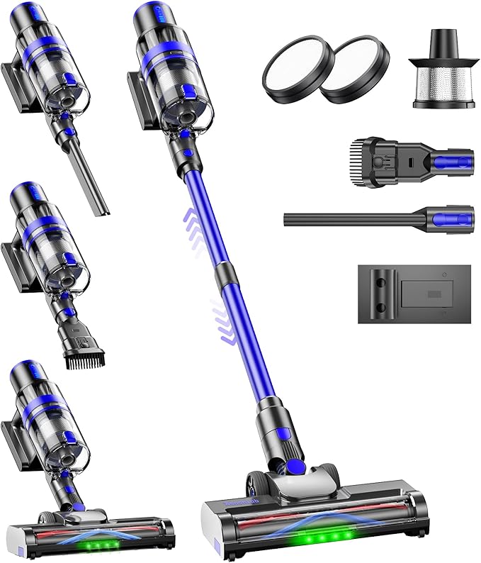 Cordless Vacuum Cleaner, 45KPA Stick Vacuum Cleaners for Home, 6-in-1 Rechargeable Lightweight Vacuum, Up to 35Mins Runtime, with Powerful Suction for Carpets, Pet Hair, Hardwood Floors