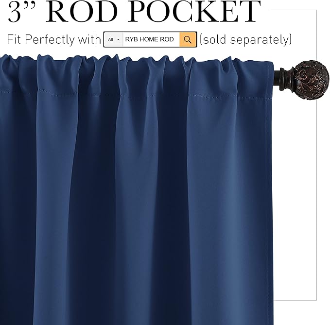 RYB HOME Blackout Curtains for Bedroom - Light Block Insulating Privacy Solar Curtain Set for Kitchen Living Room Home Theater Basement, 42 x 45 per Panel, Navy Blue, 2 Pcs