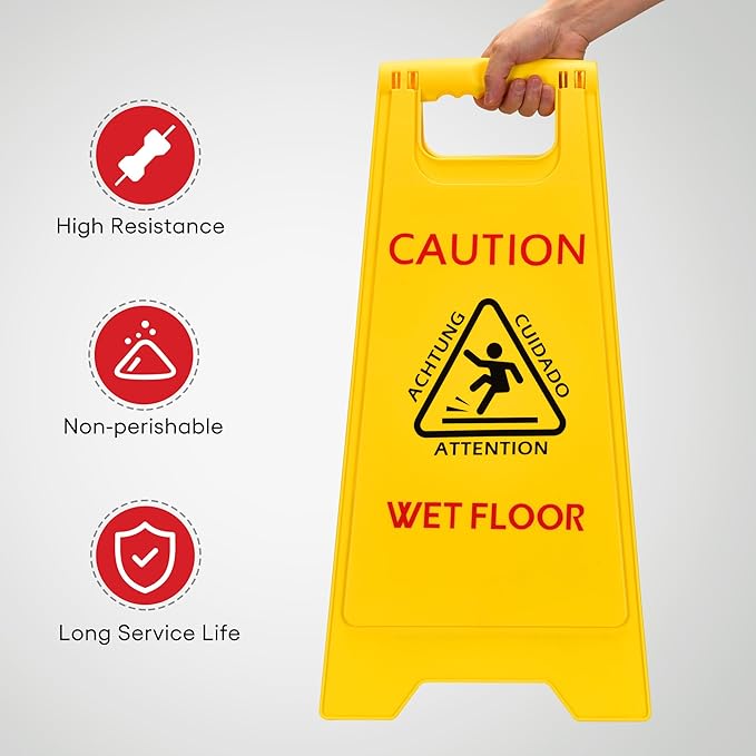 MATTHEW CLEANING 25'' Industrial Wet Floor Sign 6 Pack 2-Sided Safety A-Frame Birght Yellow Multilingual Warning Signs Commercial Caution Wet Fold-out Floor Signs For Indoors and Outdoors