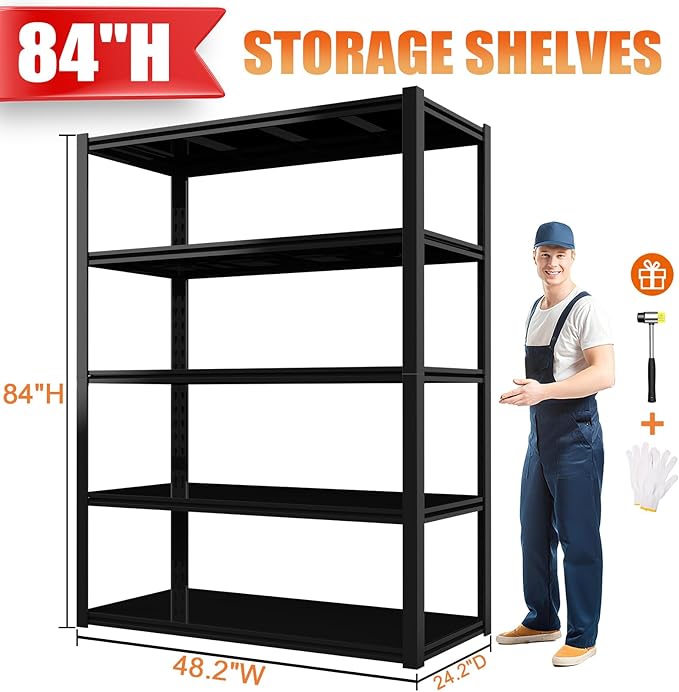 84“H Garage Shelving Heavy Duty Storage Shelves 3000 LBS Adjustable 5 Tier Metal Shelving Uints and Storage for Garage, Warehouse, Commercial, 48" W x 24" D x 84" H, 2 Packs