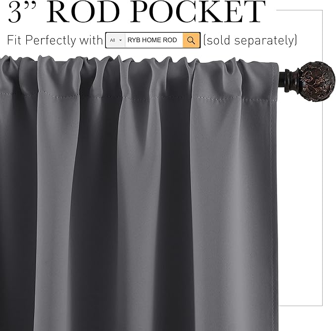 RYB HOME Grey Curtains Extra Long, Thermal Insulated Curtain Panels for Kitchen, Rod Pocket Room Darkening Privacy Large Window Drapes for Sliding Door, Grey, W52 x L120 inches, 2 Panels Set