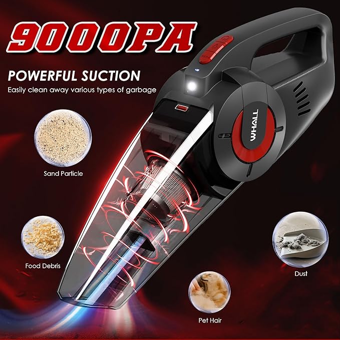 whall Handheld Cordless Car Vacuums, Wet and Dry Use 9000Pa Strong Suction Vacuums, Rechargeable Portable Vacuum Cleaner with LED, Charging Dock, Lightweight Mini Vacuum for Car, Home and Office, Red
