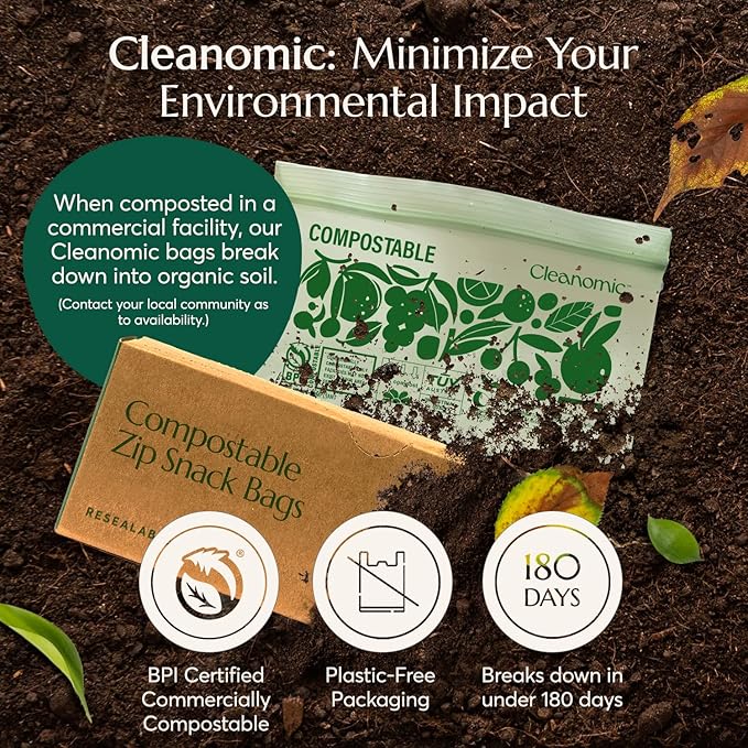 Cleanomic Compostable* Snack Size Food Storage Bags (50 Eco Zip) Freezer and Leak Proof, Also Available Gallon, Quart and Sandwich Size Bags