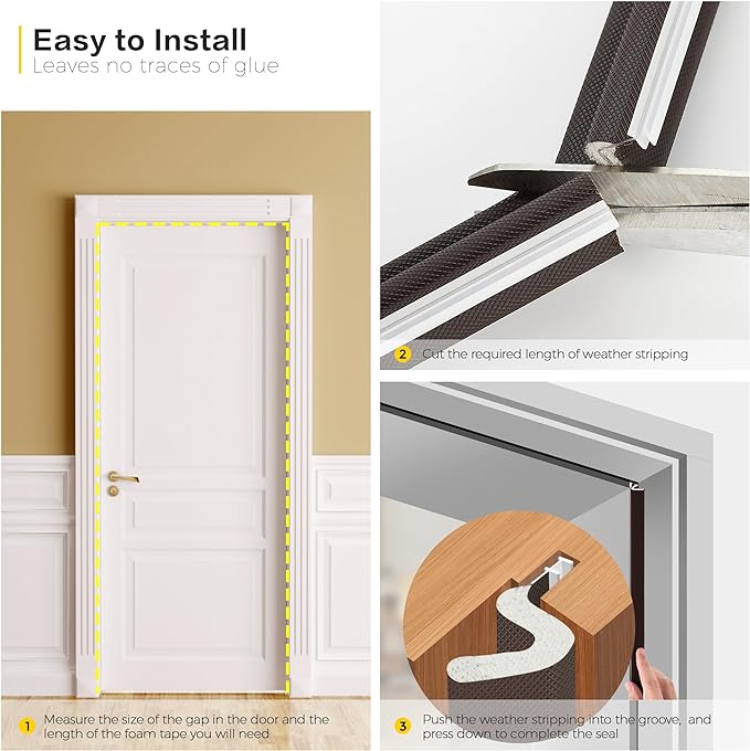 Weather Stripping Door Seal Strip - Soundproof Q-Shaped Foam for Exterior Door Frame, Large Gap Seal, Noise Cancelling, Easy to Install (Brown, 26FT)