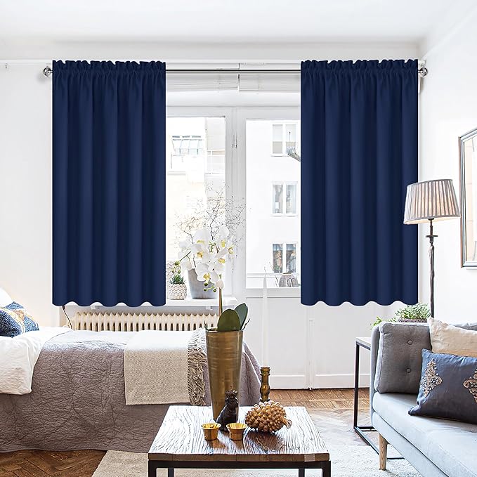 DWCN Short Blackout Curtains for Bedroom 54 Inches Long 2 Panels Set, Solid Thermal Insulated Energy Saving Window Treatment Drapes, Rod Pocket Curtains for Kids Boys Room (W52 x L54 Inch, Navy Blue)