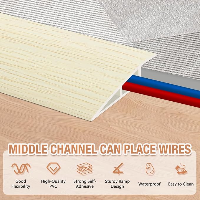 Floor Transition Strip Self Adhesive Vinyl Door Threshold for Doorways Carpet Edging Trim Overlap Edge Reducer for Laminate Floor, Carpet, Tile (Beige Wood Grain, 3/5" to 4/5", 6.6Ft)