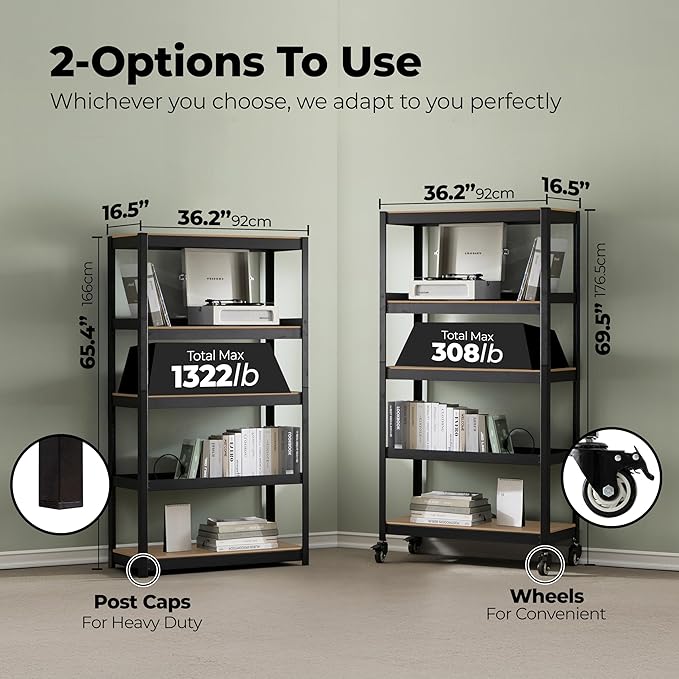 HOMEDANT House 5-Tier Metal Rolling Cart Shelf Rack Casters Heavy Duty Laminated Wheel Shelving Unit Adjustable Utility Storage Shelves Organizer Shelf Kitchen Garage 36.2" W x 16.5" D x 69.5" H 2Pack