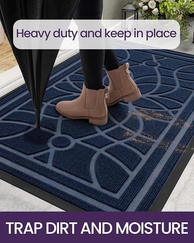 DEXI Front Door Mat Outside Entrance, Heavy Duty Non Slip Low Profile Doormat for Entryway, Trap Dirt and Moisture Welcome Mats, Easy Clean, Patio, Garage, 4x2, Blue