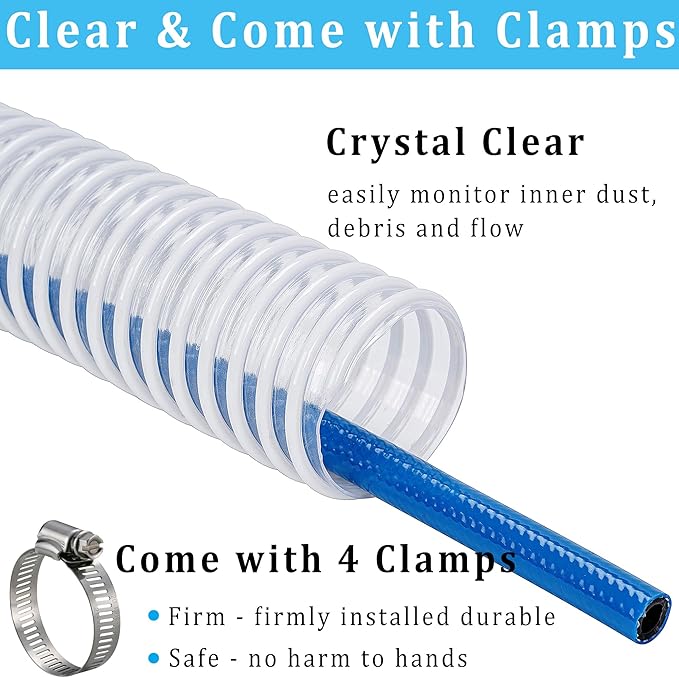 Dust Collection Hose 1-1/2 in × 20 ft Heavy Duty Clear Flexible PVC Reinforced Thicken Helix Suction Discharge Corrugated Pipe Hose for Fume Dust Collector Fitting Wood Chip Saw (1.5 inch hose)