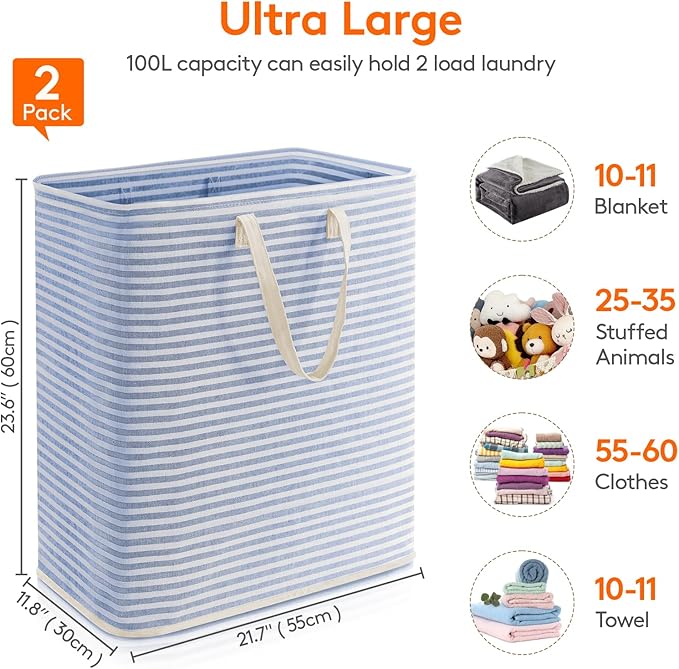 Lifewit 2 Pack Laundry Hamper Large Collapsible Laundry Basket, Freestanding Waterproof Cloth Hamper with Easy Carry Handles in Laundry Room Bedroom Bathroom Dorm for Adult, Pink&Blue, 2 x 100L