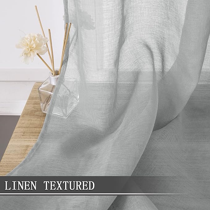 Tollpiz Sheer Tier Curtain Linen Textured Half Kitchen Curtains Sheer Light Filtering Rod Pocket Voile Small Curtains for Bathroom, 25 x 36 inches Long, Silver Grey, Set of 2 Panels