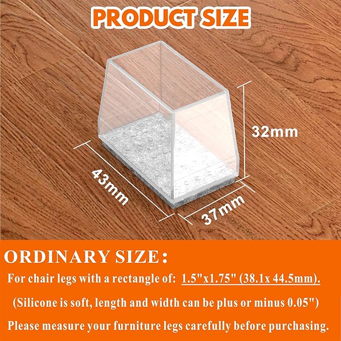 Rectangle Chair Leg Protectors for Hardwood Floors,16 PCS Silicone Covers to Protect Wood Tile Floors Felt Pads Furniture Leg Caps Reduce Noise. Easy to Move. (Clear,1.5 x 1.75 Inch, Rectangular)