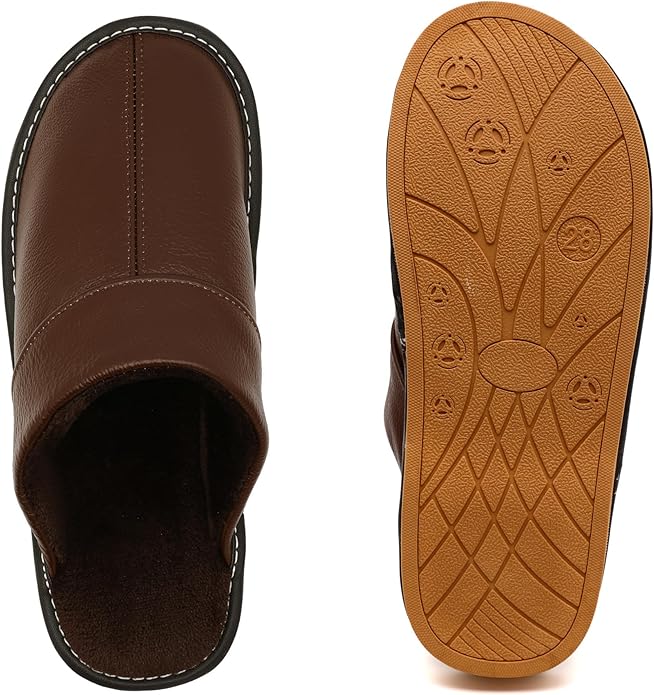 Slippers for Women Men, Genuine Leather Slippers Indoor Outdoor, Fuzzy Bedroom House Shoes for Women Men, Plush Lining Womens Sandals Slip-on