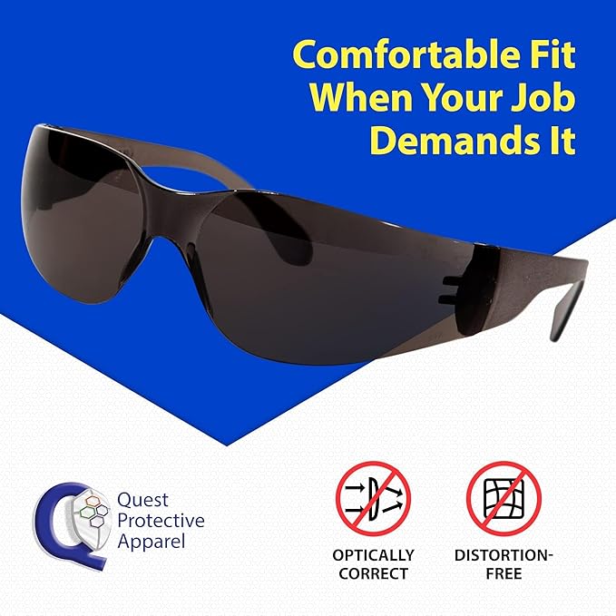 Quest Protective Apparel Safety Glasses for Men and Women - Anti Fog Safety Goggles for Shooting, Lab, or Construction – Polycarbonate Eye Protection [Smoke & Pack of 12]