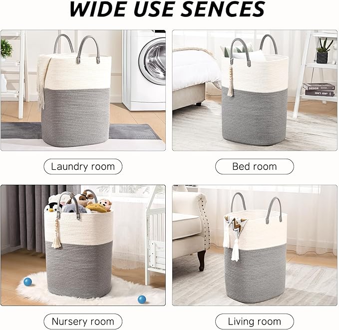 Woven Laundry Basket for Clothes, 50L Large Rectangle Laundry Hampers with Beads Tassel, Nursery Storage Basket for Toys, Tall Dirty Clothes Hamper for Bedroom Aesthetic, Laundry Room Organization