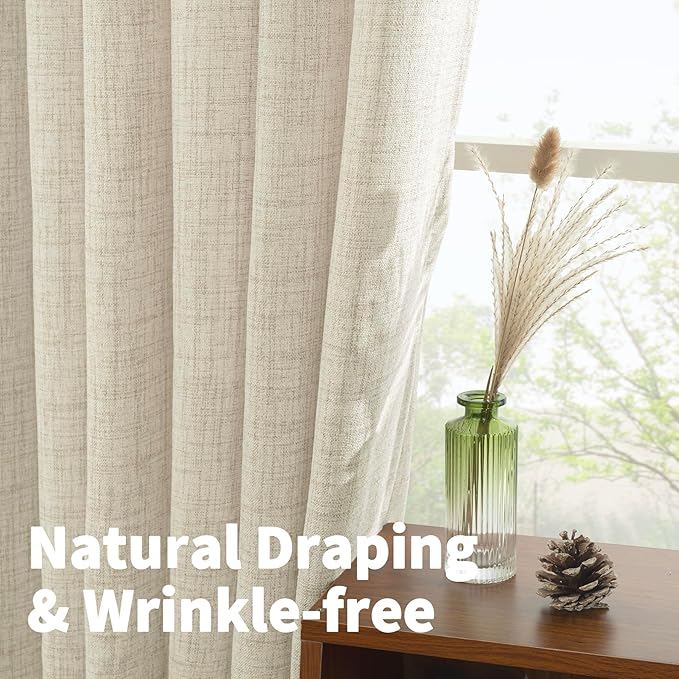 YoungsTex Linen Curtains 48 Inch Length for Kitchen, Semi Sheer Cream Window Drapes with Rod Pocket Back Tab Light Filtering Textured for Living Room Bedroom Bathroom, 2 Panels, 42 X 48 Inch