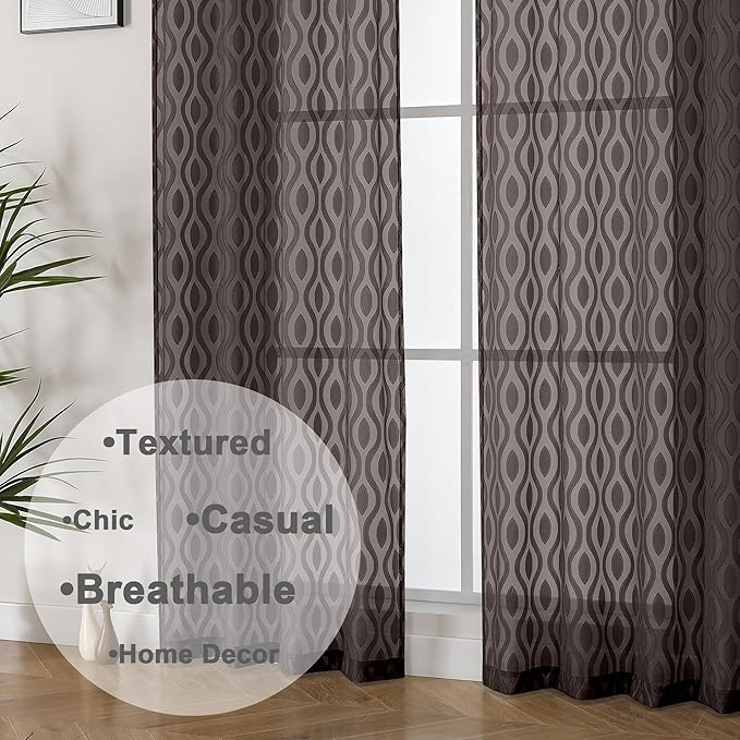 Aiyufeng Sheer Curtains 63 Inch Length 2 Panels Set, Solid Brown Light Filtering Voile Window Treatments for Bedroom Living Room, Modern Wavy Line Textured, 40" W X 63" L