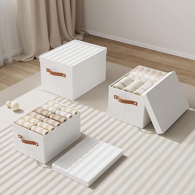 Fabric Storage Bins, Clothes Boxes for Shelves with Lids, 1 Pack Baskets for Organizing with Handles, Decorative Linen Closet Organizers, White, 16.5 x 11.8 x 10.2 Inch