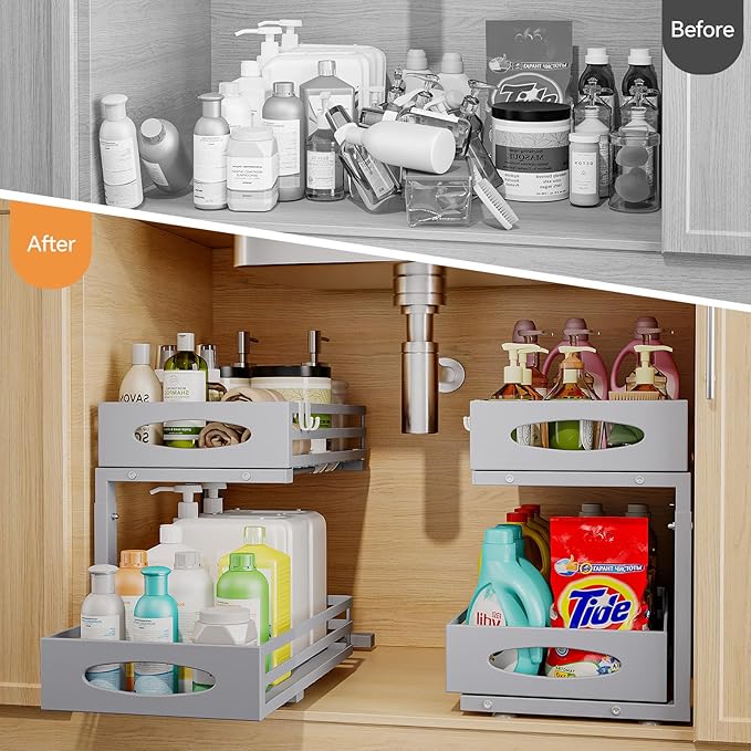 Under Sink Organizer, 2 Tier Under Sink Organizers and Storage, Adjustable Height, Slide Out Metal Cabinet Organizers, Pull Out Cabinet Storage Drawer Shelf for Kitchen Bathroom Gray, 1 Pack