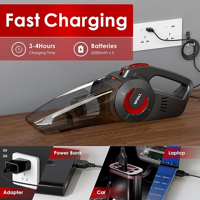 whall Handheld Cordless Car Vacuums, Wet and Dry Use 9000Pa Strong Suction Vacuums, Rechargeable Portable Vacuum Cleaner with LED, Charging Dock, Lightweight Mini Vacuum for Car, Home and Office, Red