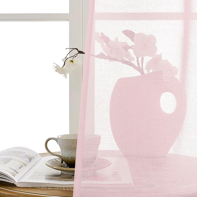 Tollpiz Sheer Door Curtains Closet Linen Textured Curtains Sheer Doorway Light Filtering Voile Rod French Door Pocket Curtain Patio Glass Door, 25 x 72 inches Long, Pink, Set of 1 Panel