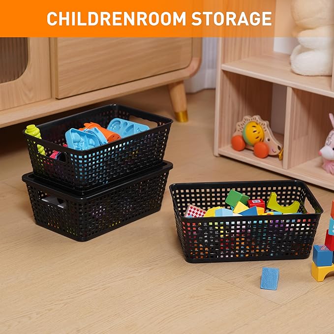 Plastic Storage Baskets With Lid, Storage Bins for Organizing, Stackable Decorative Containers for Shelves Drawers Desktop Closet Playroom Classroom Office, 8 Pack-Black