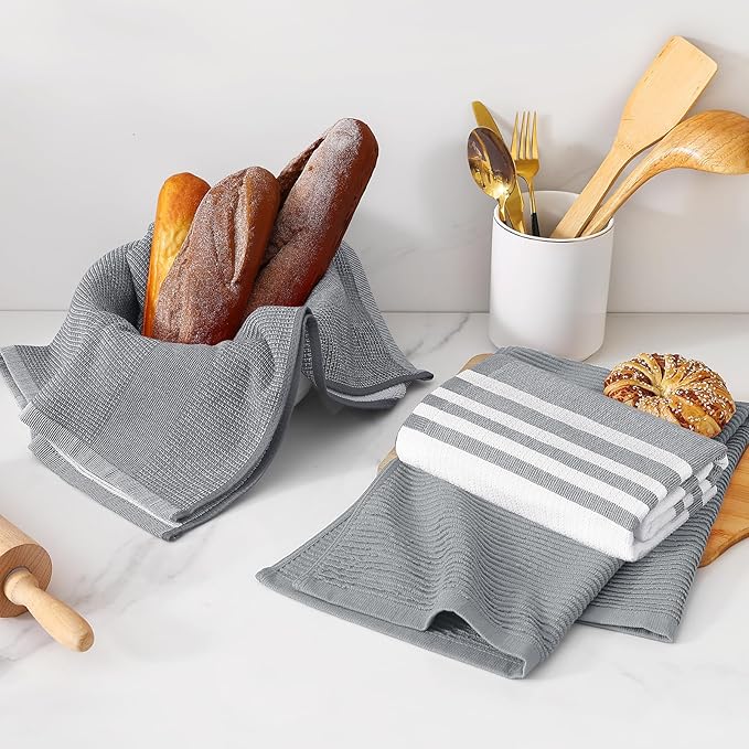 Homaxy Premium Kitchen Towels(18”x 28”, 6 Pack), Large Cotton 380 GSM Kitchen Hand Towels, Soft and Absorbent Terry Dish Towels, Multipurpose Tea Towel Set with Hanging Loop, Grey