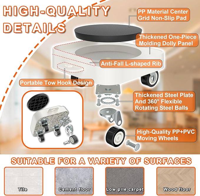 MUEA Furniture Dolly,Heavy-Duty Furniture Movers with Removable Center Pad,Non-Slip L-Edge & TPR Wheels,Moving for Round/Flat Leg Furniture–Includes Pry Bar,Gloves,Mat and Storage Bag(1200LBS)