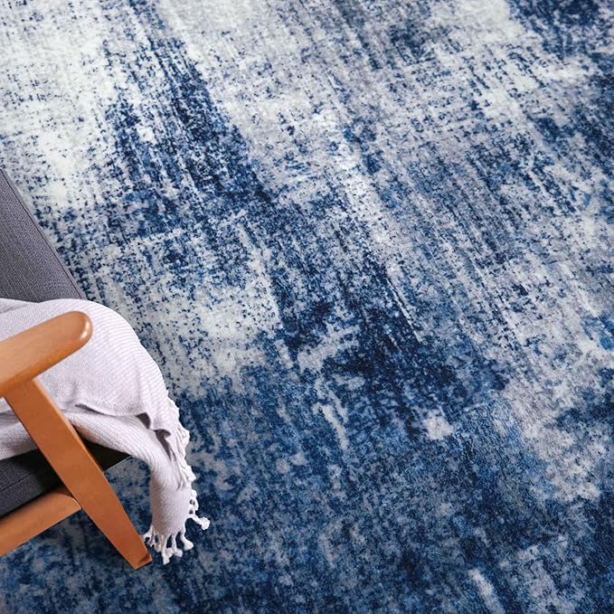 IOHOUZE Abstract Runner Rug 3x16 Ft Washable Runners for Hallways, Non Slip Kitchen Runner Printed Faux Wool Entryway Runner Indoor, Modern Abstract Floor Carpet for Hall Stair, Navy/Grey