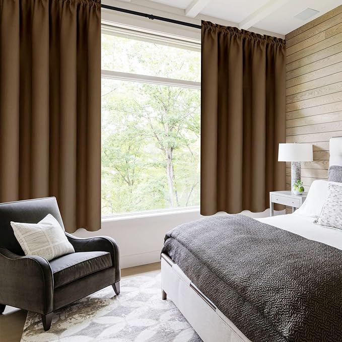 DWCN Blackout Curtains Room Darkening Thermal Insulated Bedroom Curtains Window Treatments, 42 x 45 inches Long, Set of 2 Brown Rod Pocket Drapes