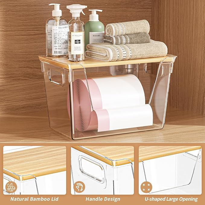 2 Pack Stackable Storage Trash Bag Holder with Bamboo Top, Large Garbage Trash Bag Dispenser, laundry room organization, Kitchen Pantry Organizer Storage for Onion, Potato, Snack