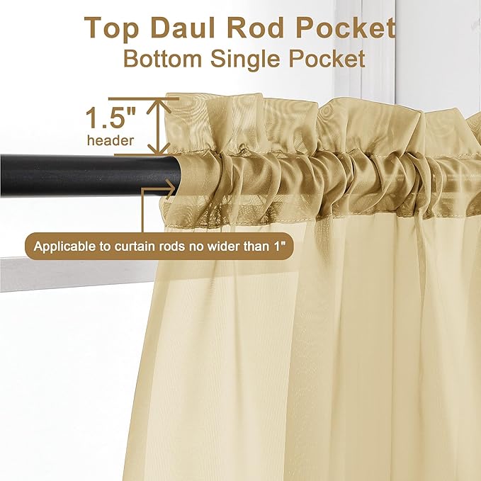 Chyhomenyc Gold Sheer Curtains 30 inch Length 2 Panels, Light Filtering Voile Rod Pocket Short Window Curtians for Bathroom Living Room Farmhouse Small Windows, 42Wx30L inches