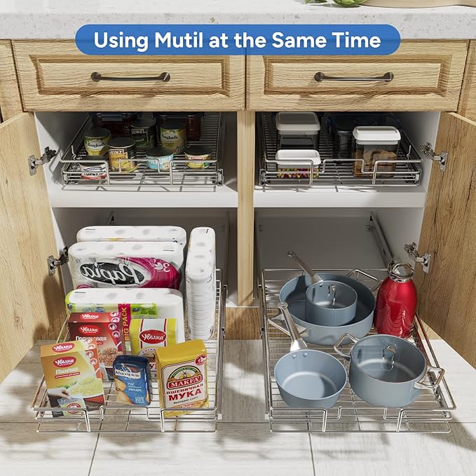 ROOMTEC Pull Out Cabinet Organizer, 1 Tier Black, Kitchen Cabinet Organizers, Slide Out Shelves, Heavy Duty, 5.5" W x 21.5" D x 3.5" H, Expandable, Painted, 1 Count