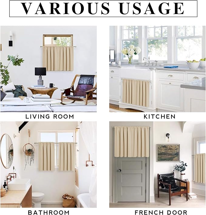 RYB HOME Blackout Curtains Short - Privacy Energy Efficient Window Curtain Panels Room Darkening Shade Tiers Pair for Kitchen Nursery Kids Bedroom, Wide 29 x Long 30 inch, Biscotti Beige