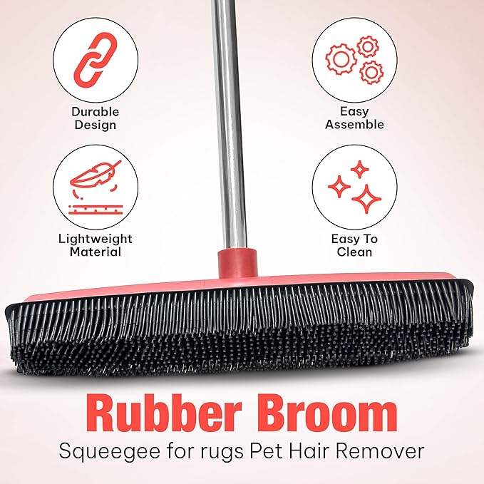 Hybrid Dog Pet Hair Removal Broom with Squeegee – Adjustable Handle Rubber Broom for Pet Hair on Carpet, Hardwood Floors, Tile, & Liquid-Dirt with 2 Portable Hair Brushes & Cloth